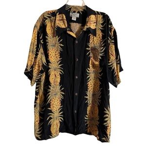 Vintage Avanti Hawaii 100% Silk Pineapple Shirt Black Gold Short Sleeve XXL